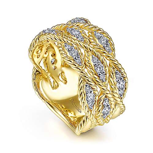 14K Yellow Gold Twisted Braided Diamond Wide Band Ring - Hanson